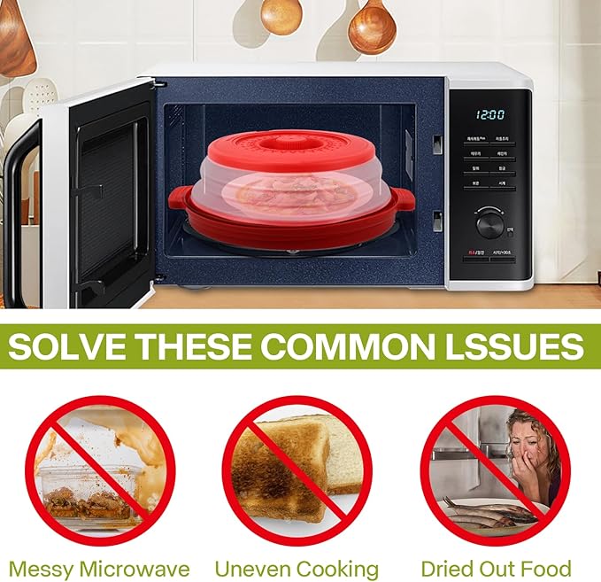 Microwave Splatter Cover for Food with Anti-scald Base Plate,Large Plastic & Silicone Vented Avoid Scalding Collapsible Guard Lid, Plate Holder & Kitchen Colander for Meal Prep-10.7 Inch (2 Pcs BRed) - Image 2