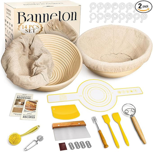 Sourdough Starter Kit, Banneton Bread Proofing Baskets Set, Sourdough Bread Baking Supplies Making Tools with Dough Scraper, Whisk, Bread Lame, Recipe by BavifyBaking