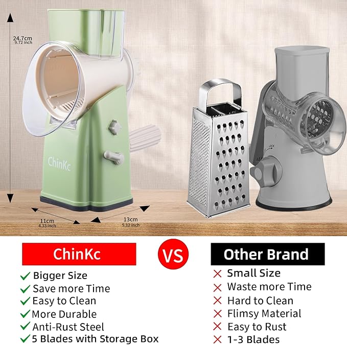 Upgrade Rotary Cheese Grater Shredder with Handle, Strong Suction Base, Multi-purpose Rotary Grater Slicer with 5 Interchangeable Blades for Ice, Vegetables, Fruit, Nuts with Blade Storage Box - Image 2