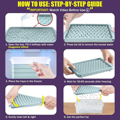 0.55in Mini Ice Cube Trays - Plastic Tiny Pebble Ice for Iced Coffee & Cocktails - Fast Chill, Easy Twist Release - Stackable with Lid, Storage Bin, Tongs, 2 Straws (4 pack, Blue) - Image 3