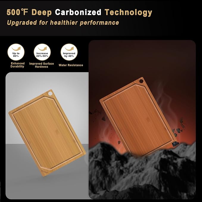 Hiware 4 Pieces Extra Large Wooden Cutting Boards Set- Bamboo Cutting Boards for Kitchen Meal Prep & Serving, Cutting Board with Deep Juice Groove & Built-in Handles, Charcuterie & Chopping Board - Image 3