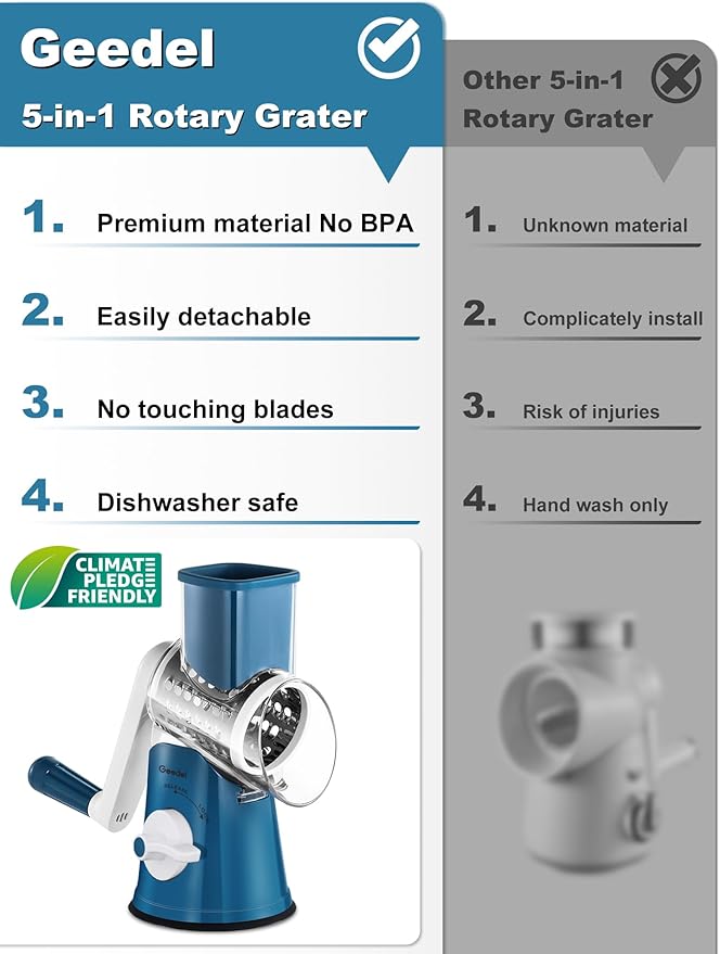 Geedel Rotary Cheese Grater Cheese Shredder - Upgraded 5-in-1 Cheese Grater with Handle and Strong Suction Base, Multi-purpose Vegetable Slicer Ice Shaver Nuts Grinder for Ice, Vegetables, Fruit, Nuts - Image 2