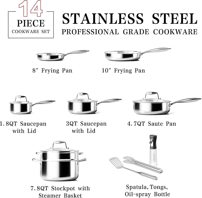 Stainless Steel Cookware Set - VONIKI Tri-ply Stainless Pots And Pans Set with Steamer Basket, Non Toxic Induction Cookware, Kitchen Cookware Sets PFOA & PTFE Free, Dishwasher and Oven Safe - Image 2