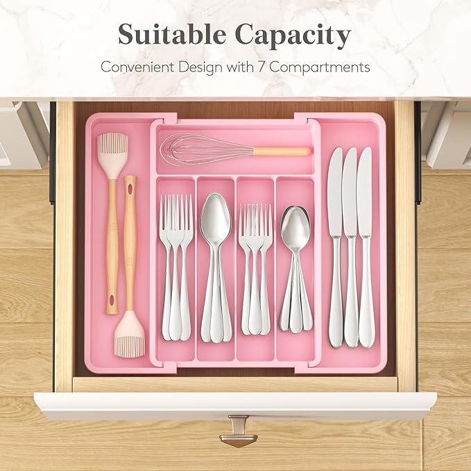 Lifewit Silverware Drawer Organizer, Expandable Utensil Tray for Kitchen, BPA Free Flatware and Cutlery Holder, Adjustable Plastic Storage for Spoons Forks Knives, 8.5"-14.1" x 12.1", Pink - Image 3