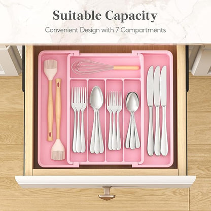Lifewit Silverware Drawer Organizer, Expandable Utensil Tray for Kitchen, BPA Free Flatware and Cutlery Holder, Adjustable Plastic Storage for Spoons Forks Knives, 8.5"-14.1" x 12.1", Pink - Image 3
