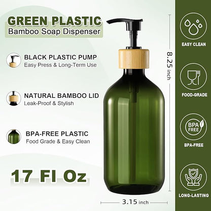 KASUNTING Green Soap Dispenser, Plastic Bathroom Soap and Lotion Dispenser Set with Bamboo Pump, 2 Pack 17 Fl Oz Hand and Dish Soap Dispensers Set for Bathroom, Refillable Liquid Soap Bottles - Image 3