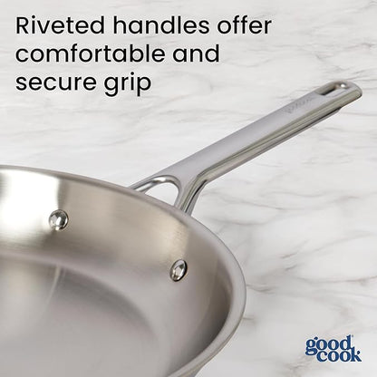 GoodCook Stainless Steel Fry Pan 12-Inch, Oven-Safe to 500F & Induction-Safe Compatible with All Stovetops 3-Layer Construction for Even Heating Non-Toxic PTFE & PFOA Free, Silver