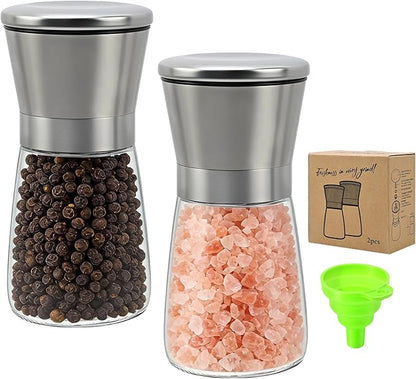 R DRURLCD Short Silver Premium Stainless Steel Salt and Pepper Grinder Set of 2，Adjustable Ceramic Mill - Manual Grinder for Salt, Pepper [No Spices Included]