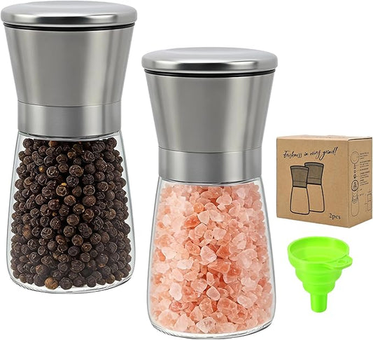 R DRURLCD Short Silver Premium Stainless Steel Salt and Pepper Grinder Set of 2，Adjustable Ceramic Mill - Manual Grinder for Salt, Pepper [No Spices Included]