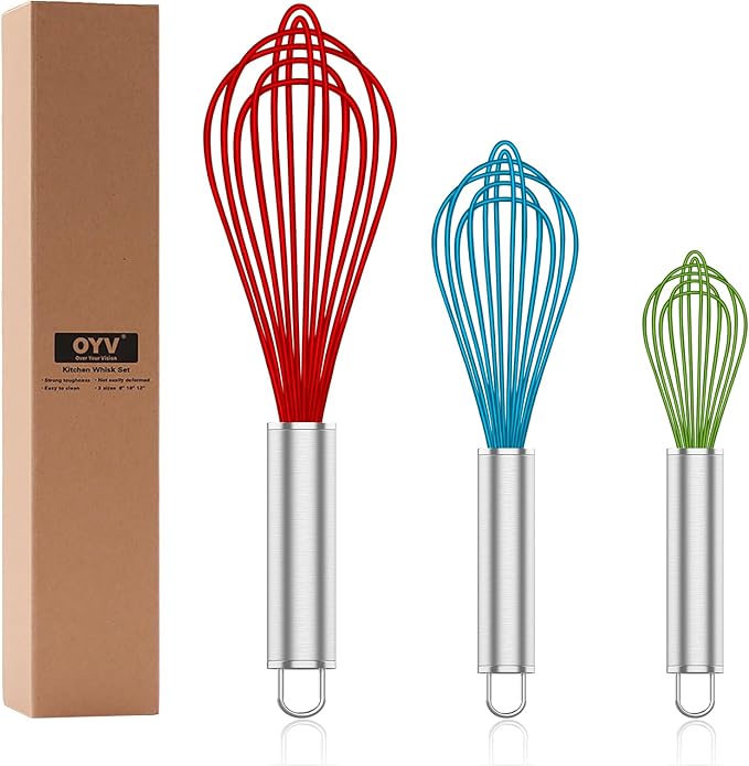 OYV Silicone Rubber Whisk,Premium Whisks For Cooking Non Scratch,Stainless Steel & Silicone Wisk For Nonstick Cookware Pans, High Heat Resistant kitchen Whisks set of 3,Red+Blue+Green by OYV