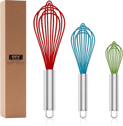 OYV Silicone Rubber Whisk,Premium Whisks For Cooking Non Scratch,Stainless Steel & Silicone Wisk For Nonstick Cookware Pans, High Heat Resistant kitchen Whisks set of 3,Red+Blue+Green by OYV
