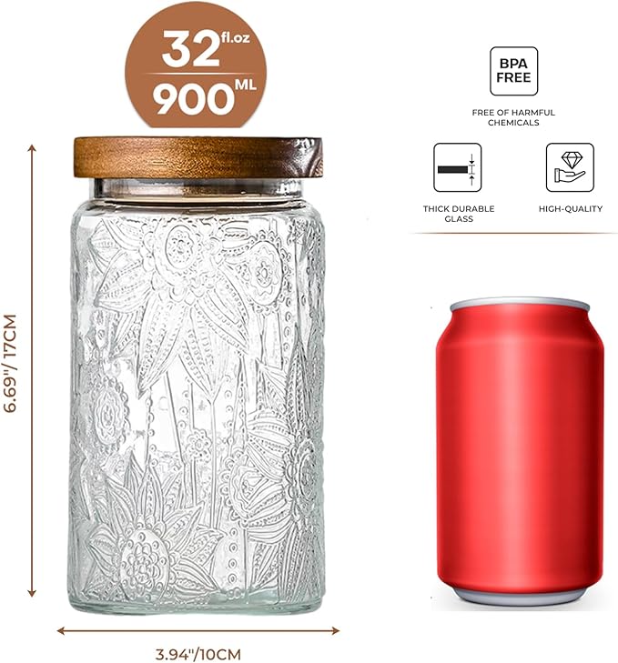 Adodeen 3-Pack 32oz Vintage Glass Jar With Lid, Glass Storage Containers, Airtight Kitchen Storage Containers For Sugar, Coffee, Tea, Spice, Flour, Candy Cookie, Pasta, Cereal - Image 3