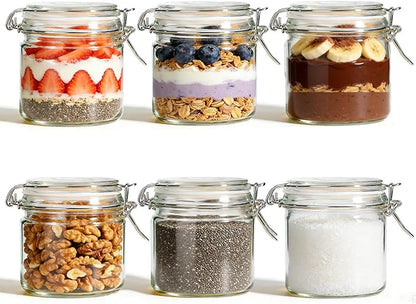 ComSaf 17oz Overnight Oats Containers with Lids 6-Pack, Wide Mouth Glass Jars for Meal Prep, 500ml Airtight Glass Canisters with Wire Clamp for Sourdough Starter, Fridge Pickling & Pantry Organization by ComSaf