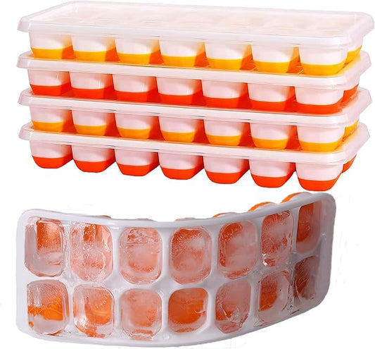Ice Cube Trays with Lid BPA Free, 4 Pack 56 Ice Easy Release Flexible Silicone Ice Cube Tray Stackable No Spill Ice Tray Dishwasher Safe for Baby Food,Cocktail, Whiskey, Orange & Yellow