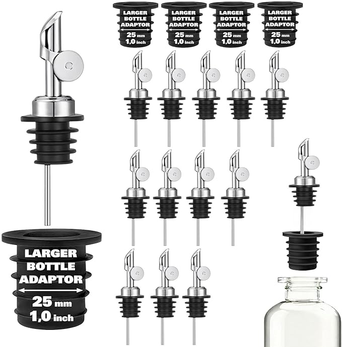Pafusen Olive Oil Pour Spout with Adapters, Oils Pourer for Olive Oil Dispenser Bottle, Easily Turn Your Bottles into Dispensers for Liquor,Oils,Bottle Pourers (Sliver, 12 Pack Pour +Adapters)