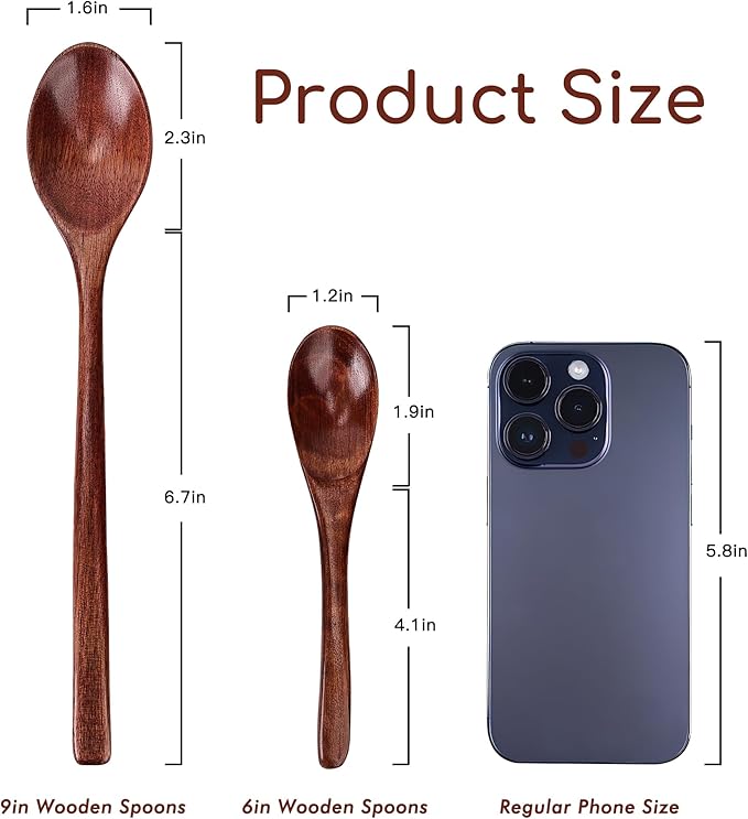 Wooden Spoons Set - 12pcs (6pcs 9in & 6pcs 6in), for Eating, Mixing, Stirring, Coffee, Tea, Jam, Bath Salts - Image 2