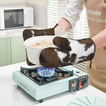 Cow Print Oven Mitts and Pot Holders Set of 4 Silicone Brown Cowhide Kitchen Mitten Gloves and Non-Slip Brown White Cow Print Potholders Set Heat Resistant Oven Gloves Hot Holders for BBQ