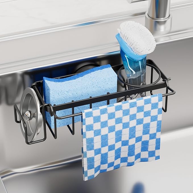 TAILI 4-in-1 Sink Caddy with Strong Suction Cup, Sponge Holder for Kitchen Sink Organizer, Removable, Rustproof, Stainless Steel Holder for Sponge, Brush, Scrubber, Scraper - Black by TAILI