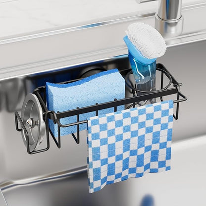 TAILI 4-in-1 Sink Caddy with Strong Suction Cup, Sponge Holder for Kitchen Sink Organizer, Removable, Rustproof, Stainless Steel Holder for Sponge, Brush, Scrubber, Scraper - Black by TAILI