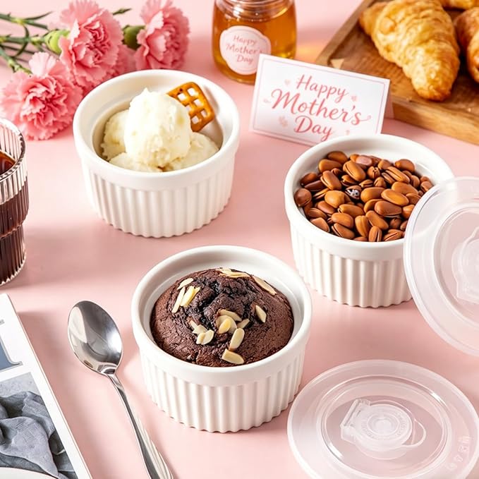 vancasso 10 oz Ramekins with Lid, Porcelain Creme Brulee Souffle Dishes, White Pudding Custard Cups Ramiken for Baking, Dishwasher and Oven Safe, Set of 6 - Image 3