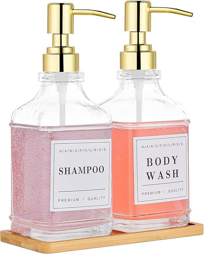 Glass Soap Dispenser with Pump,Tray,Funnel, Countertop Soap and Lotion Dispenser Set of 2 with 60 Stickers, Dish and Hand Soap Dispenser Bottle for Kitchen,Bathroom,Shower,500ml/16.9oz