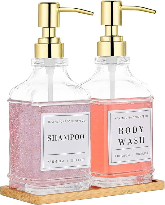 Glass Soap Dispenser with Pump,Tray,Funnel, Countertop Soap and Lotion Dispenser Set of 2 with 60 Stickers, Dish and Hand Soap Dispenser Bottle for Kitchen,Bathroom,Shower,500ml/16.9oz