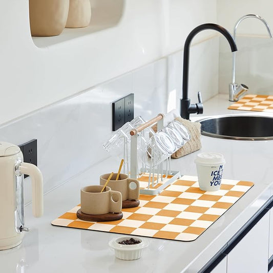 Ohocut Checkered Dish Drying Mat for Kitchen Counter, Coffee Bar Station Accessories, Retro Cute Aesthetic Modern Absorbent Drainer Mat Kitchen Drying Mat Easy Clean, Orange 16" x 24" by Ohocut