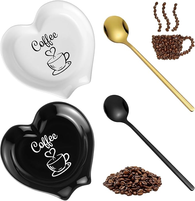 FoldTier 2 Pcs Ceramic Coffee Spoon Rest with Spoon Small Heart Black White Stirrer Holder Bar Station Accessories Decoration Lover Housewarming Gift (Coffee Then I Start My Heart) by FoldTier