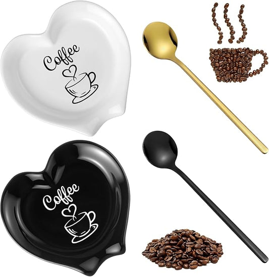 FoldTier 2 Pcs Ceramic Coffee Spoon Rest with Spoon Small Heart Black White Stirrer Holder Bar Station Accessories Decoration Lover Housewarming Gift (Coffee Then I Start My Heart) by FoldTier