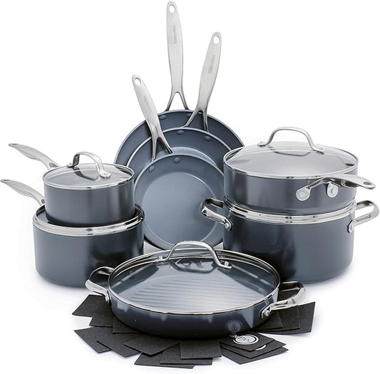 GreenPan Valencia Pro Ceramic Nonstick 13 Piece Cookware Set, Hard Anodized PFAS-Free Pots & Pans, Induction Ready, Compatible on All Cooktops, Dishwasher Safe, Oven Safe to 600F, Gray