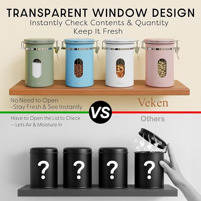 Veken Coffee Canister with Window, Airtight Stainless Steel Kitchen Food Storage Container with Lids, Date Tracker and Scoop for Grounds Coffee, Beans, Tea, Flour, Cereal, Sugar Jars, 22OZ, White - Image 4
