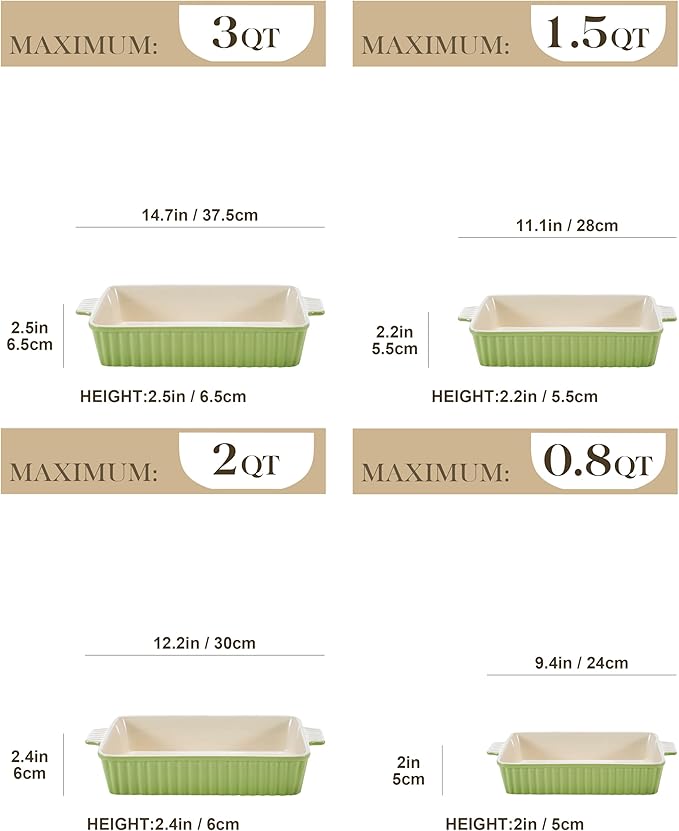 MALACASA Bakeware Set of 4, Porcelain Baking Pans Set for Oven, Casserole Dish, Ceramic Rectangular Baking Dish Lasagna Pans for Cooking Cake Kitchen, Green (9.4"/11.1"/12.2"/14.7"), Series BAKE.BAKE - Image 2