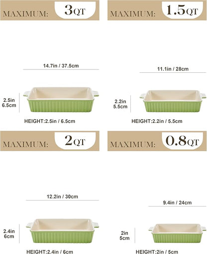 MALACASA Bakeware Set of 4, Porcelain Baking Pans Set for Oven, Casserole Dish, Ceramic Rectangular Baking Dish Lasagna Pans for Cooking Cake Kitchen, Green (9.4"/11.1"/12.2"/14.7"), Series BAKE.BAKE - Image 2