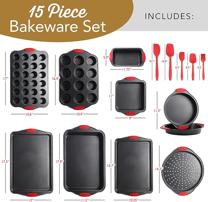 Baking Pan Set, 15 Piece Premium Baking Set, Nonstick Bakeware Sets BPA Free, Cookie Sheets for Baking Nonstick Set, Steel Baking Sheets for Oven with Muffin Pan, Cake Pan & Black Kitchen Utensils - Image 2
