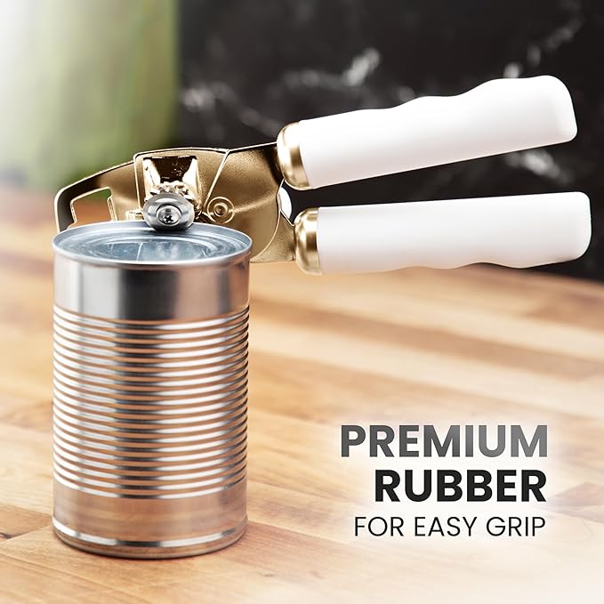 Zulay Kitchen Heavy Duty Stainless Steel Can Opener Manual with Bottle Opener - Rust Proof Manual Can Opener With Turn Knob & Comfy Soft Grip Handles - White & Gold - Image 8