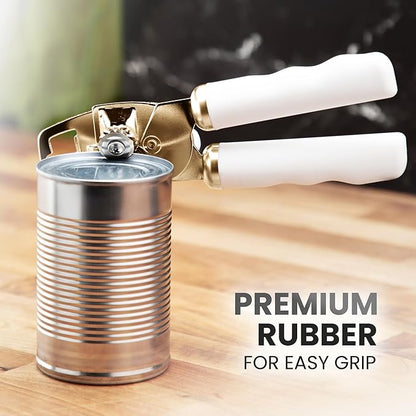Zulay Kitchen Heavy Duty Stainless Steel Can Opener Manual with Bottle Opener - Rust Proof Manual Can Opener With Turn Knob & Comfy Soft Grip Handles - White & Gold - Image 8
