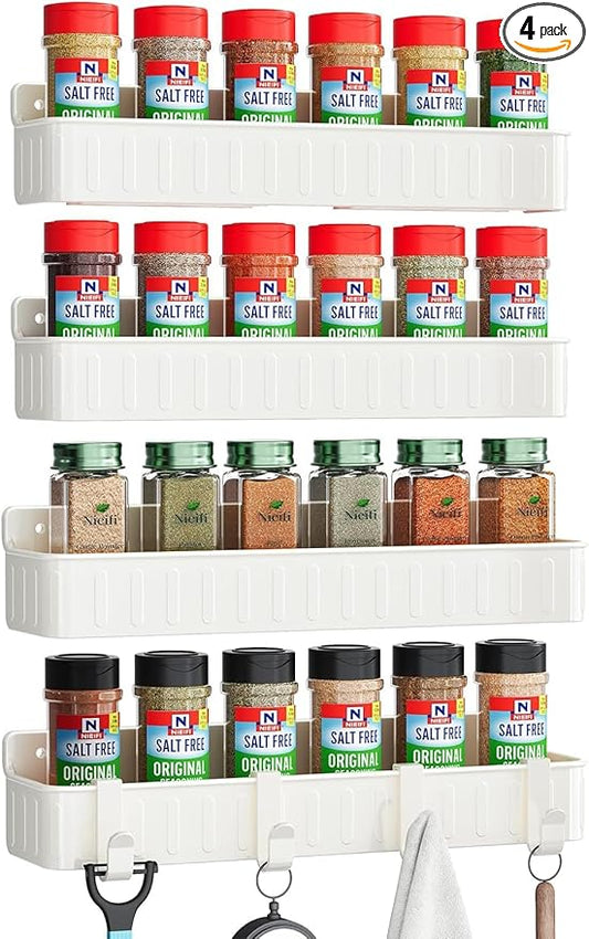 Nieifi Spice Rack Wall Mount, Spice Organizer for Spice Jars, Screw or Adhesive Hanging Organizer for Kitchen Cabinet or Pantry Door, 4 Pack, White, ABS Plastic by Nieifi