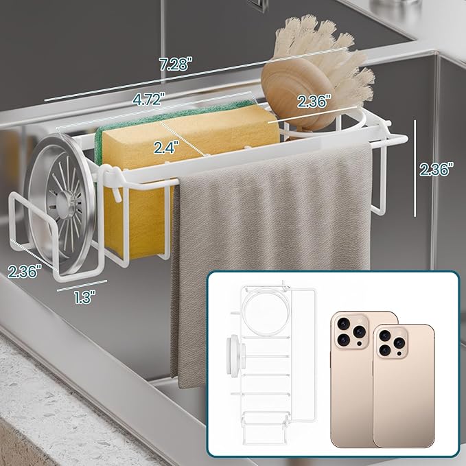 TAILI Sponge Holder with Strong Suction Cup, 4-in-1 Rustproof Sink Organizer - Sink Caddy Holds Sponges, Brushes, Stoppers & Scrapers -White - Image 2
