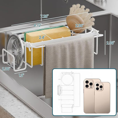TAILI Sponge Holder with Strong Suction Cup, 4-in-1 Rustproof Sink Organizer - Sink Caddy Holds Sponges, Brushes, Stoppers & Scrapers -White - Image 2