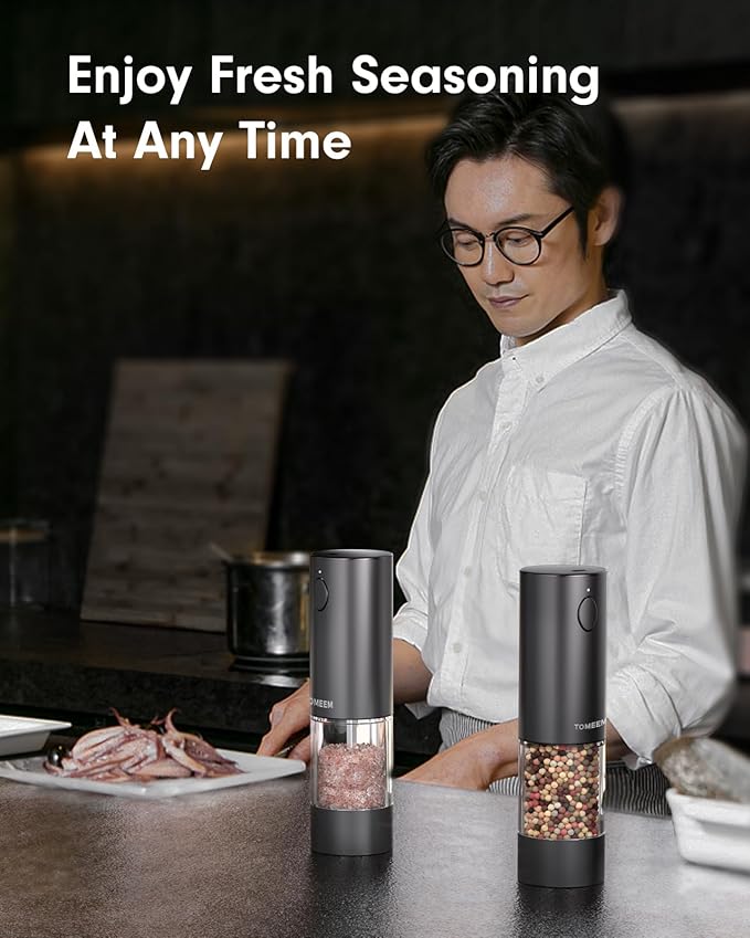 TOMEEM Upgraded Larger Capacity Electric Salt and Pepper Grinder Set Rechargeable with LED lights, Stainless Steel Automatic Pepper and Salt Grinder Refillable with 5 Adjustable Coarseness Black - Image 8