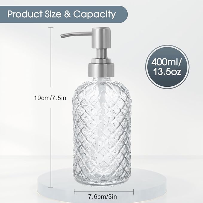 Gem-Patterned Glass Soap Dispenser with Rust Proof Stainless Steel Pump-13 oz Liquid Hand Soap Dispenser for Kitchen & Bathroom,Great for Lotions, Essential Oil, Liquid Soaps-Clear - Image 4