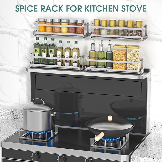 LUCYCAZ 4 Pack Wall Mounted Spice Rack with 16 Hooks, Spice Organizer Shelf for Stove Cabinet Pantry Door,Screw or Adhesive Spice Shelf Hanging Wall Spice Rack in Kitchen and RV (Silver, 4 PACK) - Image 8