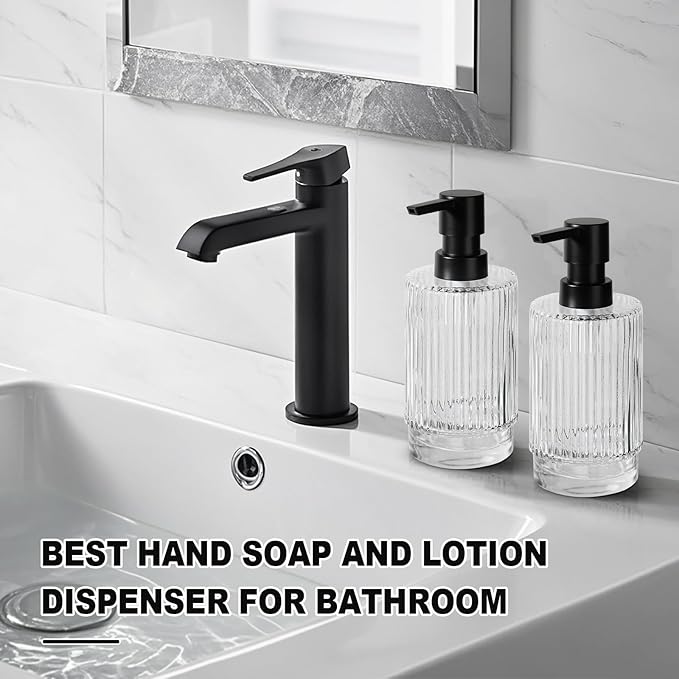 VIMERPA Glass Soap Dispenser with Pump, 2 Pack 11 fl oz Clear Hand Soap Dispensers for Bathroom, Ribbed Style Dish Soap Dispenser for Kitchen, Modern Refillable Liquid Soap Pump Bottle