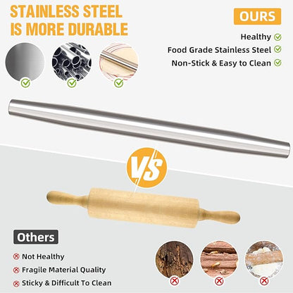 Rolling pin, Smooth Stainless Steel Rolling Pin, Rolling Pin for Baking Fondant, Pizza, Pie, Pastry, Pasta, Dough, Cookies (16.7in) - Image 4
