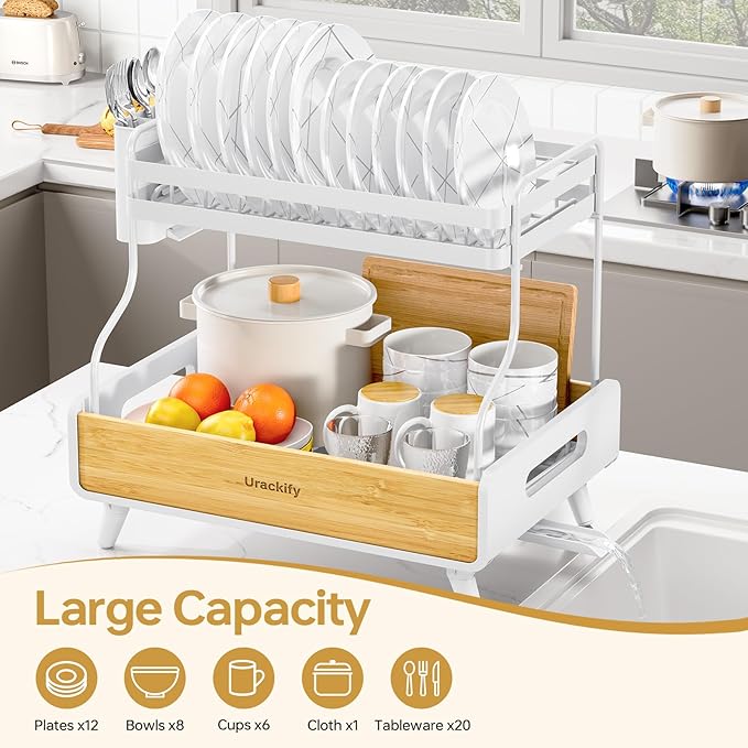 Urackify 2-Tier Dish Drying Rack, Large Stainless Steel & Bamboo Dish Rack for Kitchen Counter, Dish Drainers with Adjustable Automatic Spout, Drying Rack Kitchen with Utensil Holder, White - Image 2