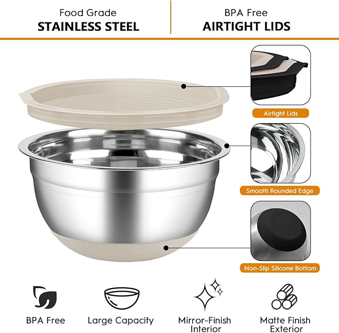 CHAREADA Mixing Bowls with Airtight Lids, 18pcs Stainless Steel Nesting Colorful Mixing Bowls Set Non-slip Silicone Bottom, Size 4.5, 3.6, 2.7, 2.1, 1.7, 1.1, 0.7 qt, Fit for Mixing & Serving (Khaki) - Image 2