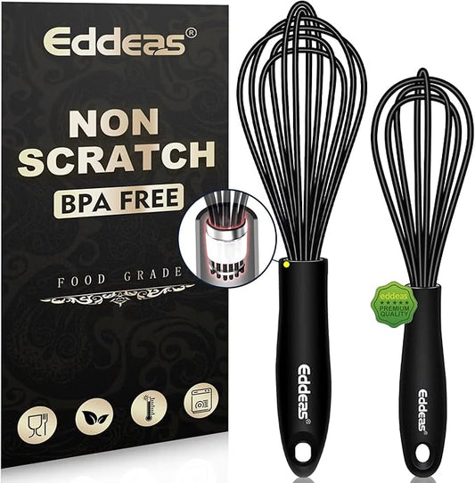 Eddeas Mini Silicone Whisk, Small Silicone Whisk 7+9in, BPA free Non Scratch Coated Protect your Ceramic Pots and Pan.Perfect for Whisking, Beating, Mixing.Black by Eddeas