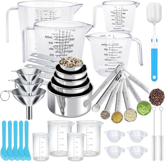 Measuring Cups and Spoons Set 35 Pcs, 11 Stainless Steel Nesting Measuring Spoons and Cups with 12 Measuring Cups, 3 Funnel, 3 Brush, 5 Spoons, 1 Ruler, Measuring Cup Set for Kitchen Baking Liquid Dry