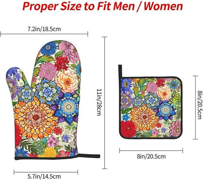 Boho Floral Oven Mitts and Pot Holders Sets of 3, Colorful Flowers Heat Resistant Kitchen Gloves Hot Pads, Chef Baking Gifts for Baker Women Mom Wife, Spring Easter Kitchen Gifts for Cooking Lover - Image 8