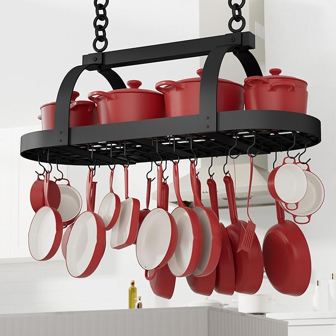 KES 48 Inch Large Hanging Pot Rack, Heavy Duty Oval Pot and Pan Hanging Rack Ceiling Mount, Pot Pan Hangers for Kitchen with 20 Hooks, Matte Black, (For 16" and 24" Joist Mount), KUR225S122-BK by KES